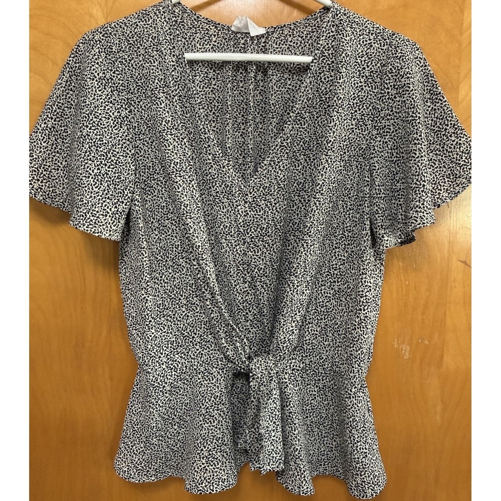 Sienna Sky Womens V-Neck Peplum Top Printed Flutter Sleeve Boho Tie Front M